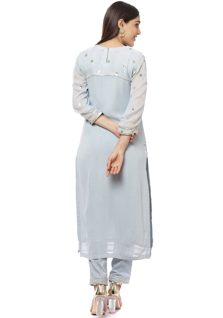 anokherang Combos Ocean Grey Sequenced Sleeves Straight Kurti with Straight Pants and Grey Sequenced Dupatta
