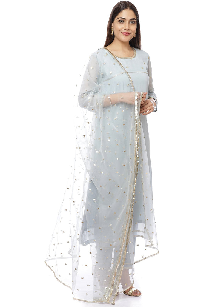 anokherang Combos Ocean Grey Sequenced Sleeves Straight Kurti with Straight Pants and Grey Sequenced Dupatta