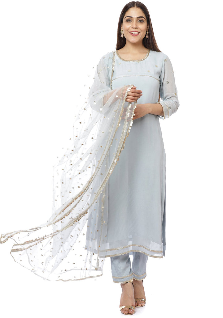 anokherang Combos Ocean Grey Sequenced Sleeves Straight Kurti with Straight Pants and Grey Sequenced Dupatta