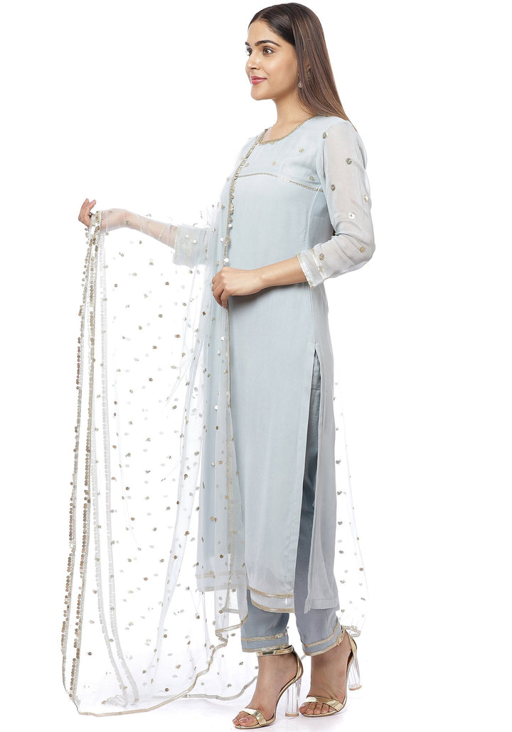anokherang Combos Ocean Grey Sequenced Sleeves Straight Kurti with Straight Pants and Grey Sequenced Dupatta