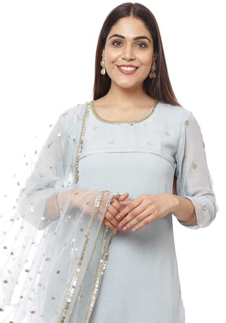 anokherang Combos Ocean Grey Sequenced Sleeves Straight Kurti with Straight Pants and Grey Sequenced Dupatta