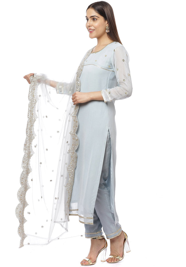 anokherang Combos Ocean Grey Sequenced Sleeves Straight Kurti with Straight Pants and Scalloped Grey Stone Dupatta