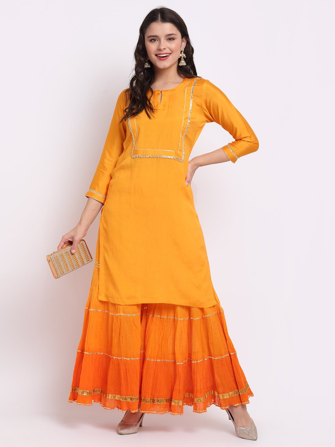 Buy Mustard Yellow Short Kurti In Crepe With Bandhani And Floral Print  KALKI Fashion India