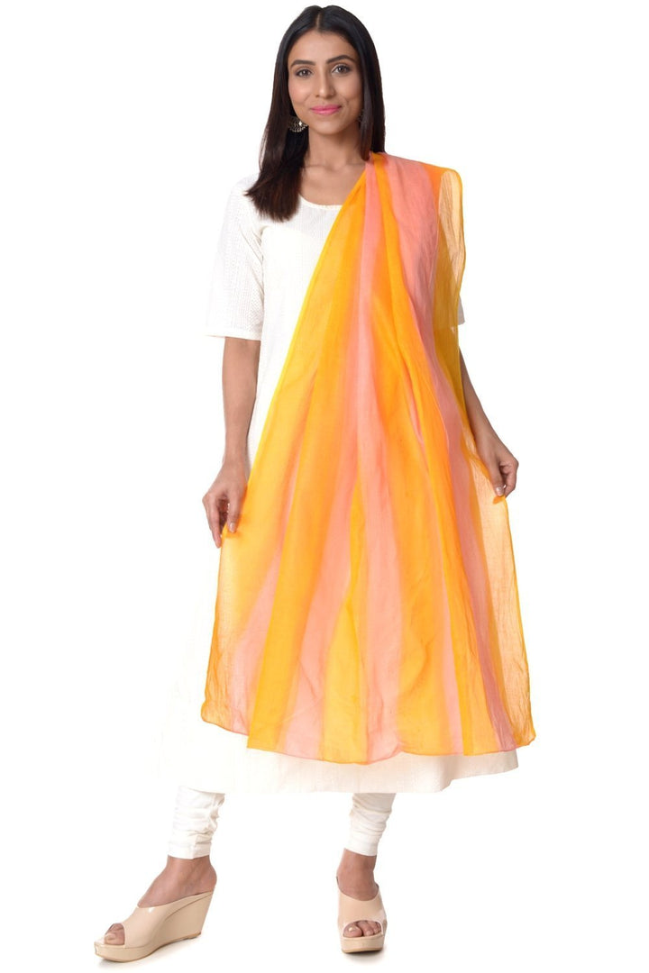 anokherang Combos Off-White Anarkali with Churidaar & Cotton Pink & Yellow Striped Dupatta