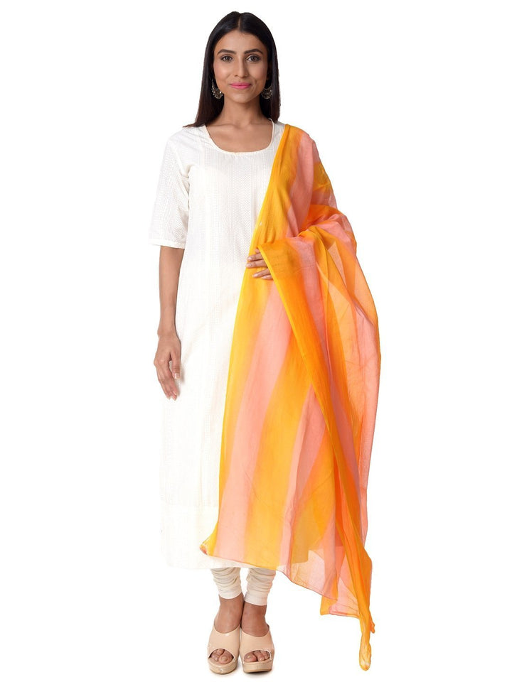 anokherang Combos Off-White Anarkali with Churidaar & Cotton Pink & Yellow Striped Dupatta