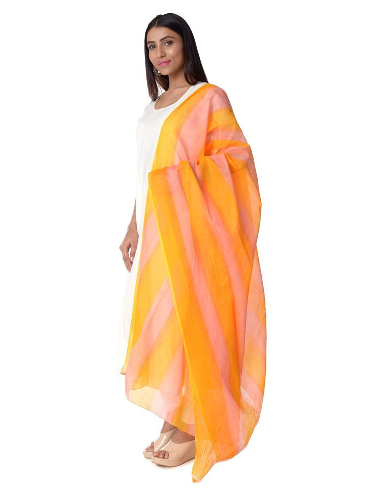 anokherang Combos Off-White Anarkali with Churidaar & Cotton Pink & Yellow Striped Dupatta
