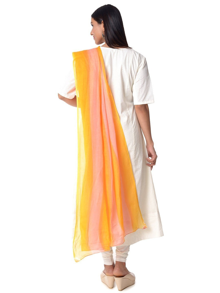 anokherang Combos Off-White Anarkali with Churidaar & Cotton Pink & Yellow Striped Dupatta