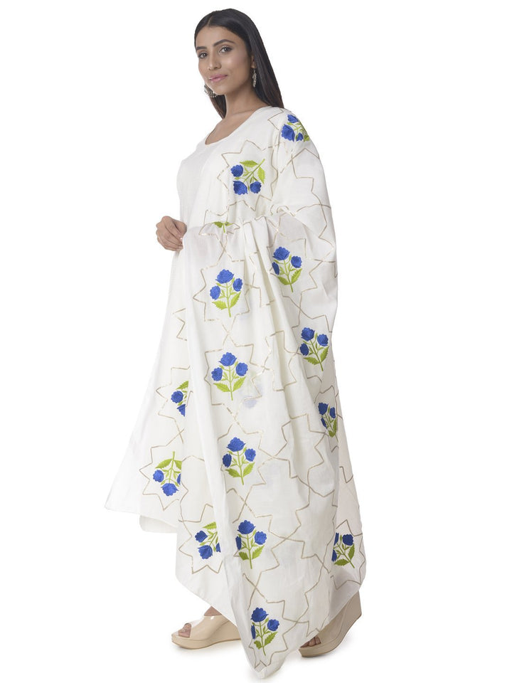 anokherang Combos Off-White Anarkali with Churidaar & Floral Embroidered Motifs Gota Dupatta