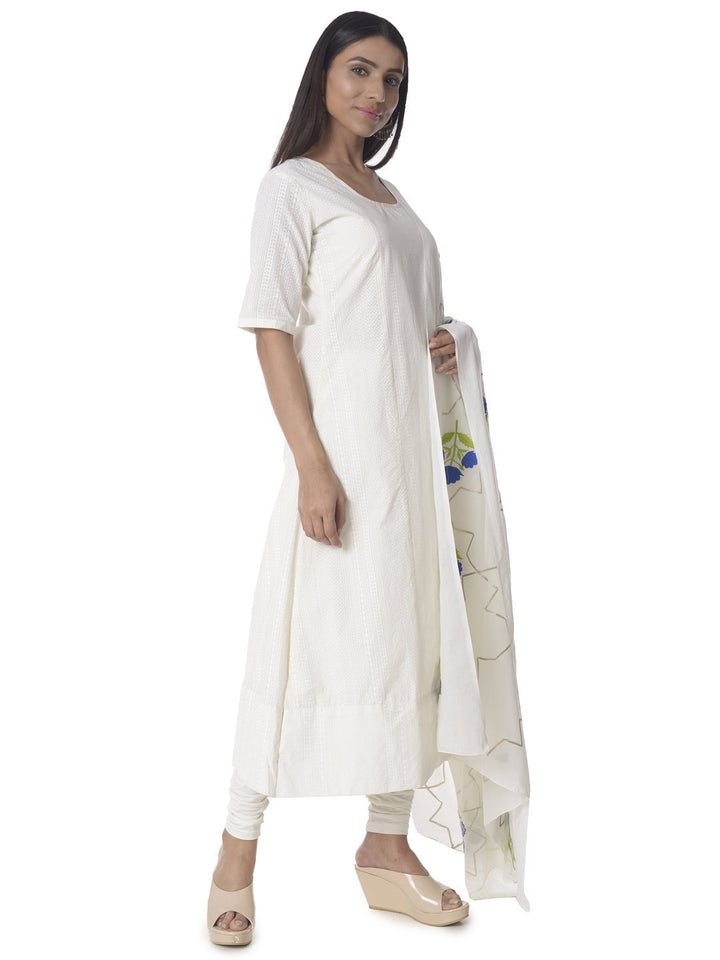 anokherang Combos Off-White Anarkali with Churidaar & Floral Embroidered Motifs Gota Dupatta