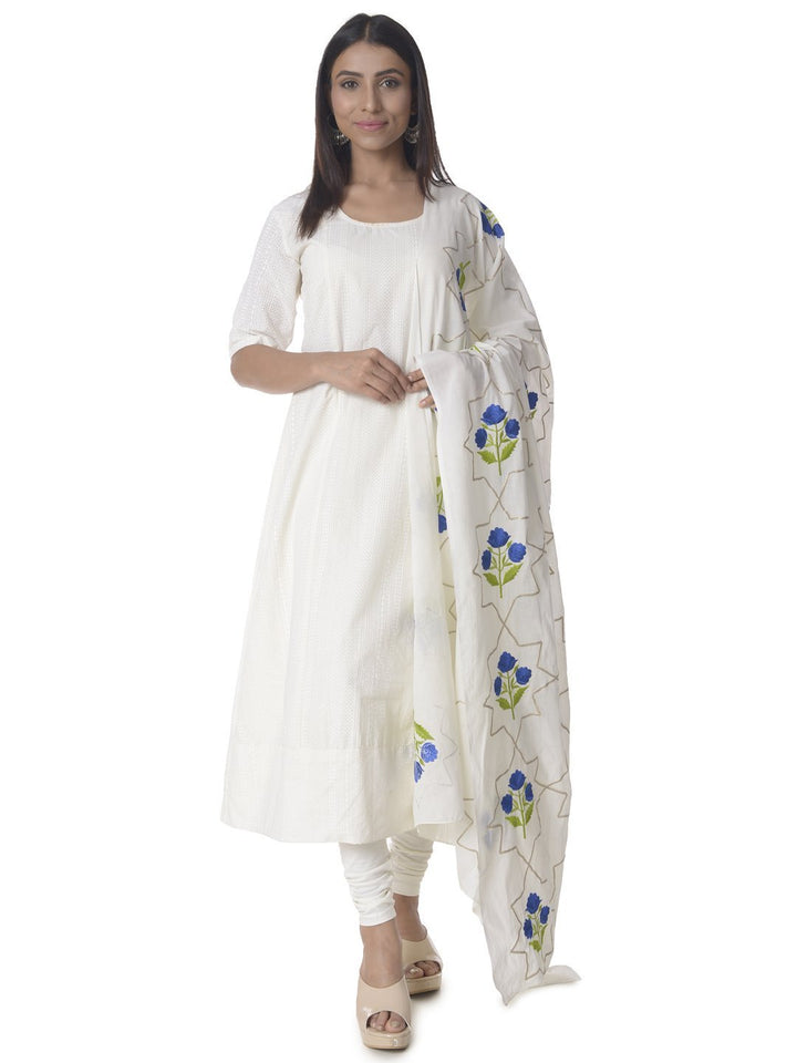 anokherang Combos Off-White Anarkali with Churidaar & Floral Embroidered Motifs Gota Dupatta