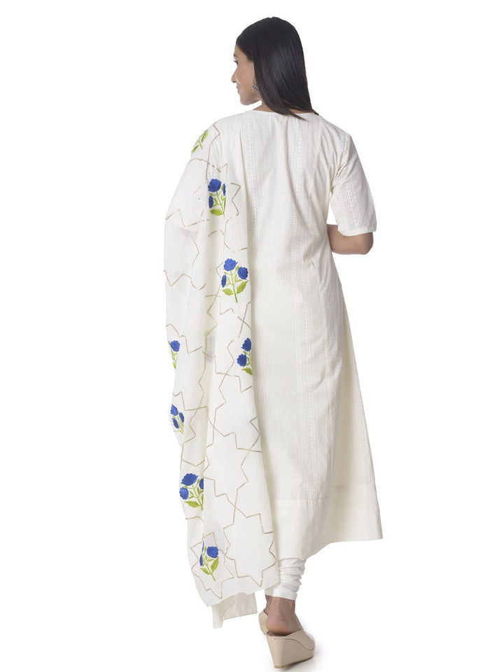 anokherang Combos Off-White Anarkali with Churidaar & Floral Embroidered Motifs Gota Dupatta