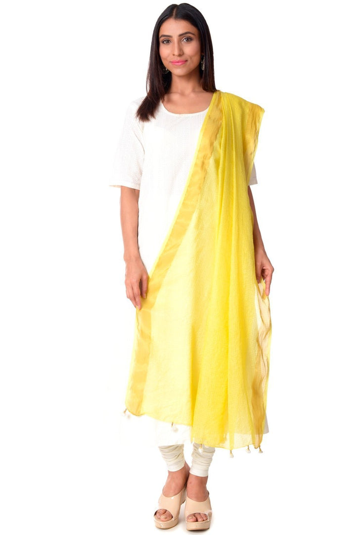 anokherang Combos Off-White Anarkali with Churidaar & Lemon Kota Doria Dupatta