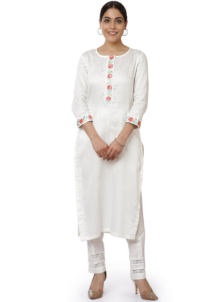 anokherang Combos Off-White Blue Parsi Embroidered Kurti with Crochet Pants