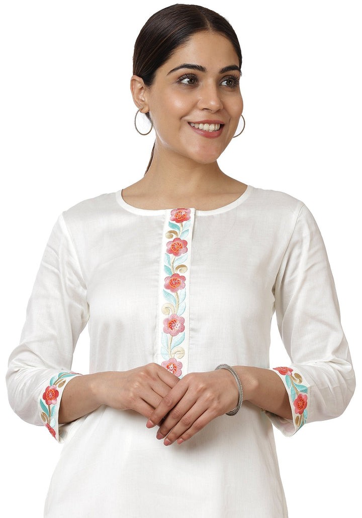 anokherang Combos Off-White Blue Parsi Embroidered Kurti with Crochet Pants