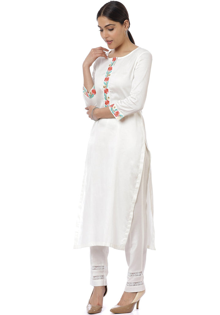 anokherang Combos Off-White Blue Parsi Embroidered Kurti with Crochet Pants