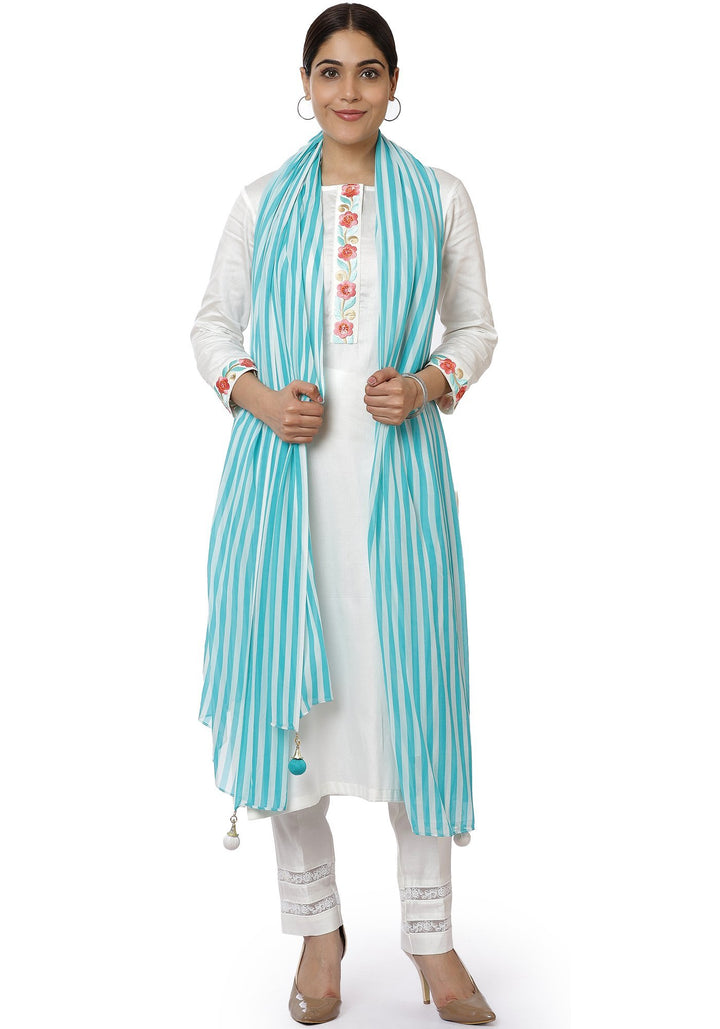 anokherang Combos Off-White Blue Parsi Embroidered Kurti with Crochet Pants and Blue White Striped Dupatta