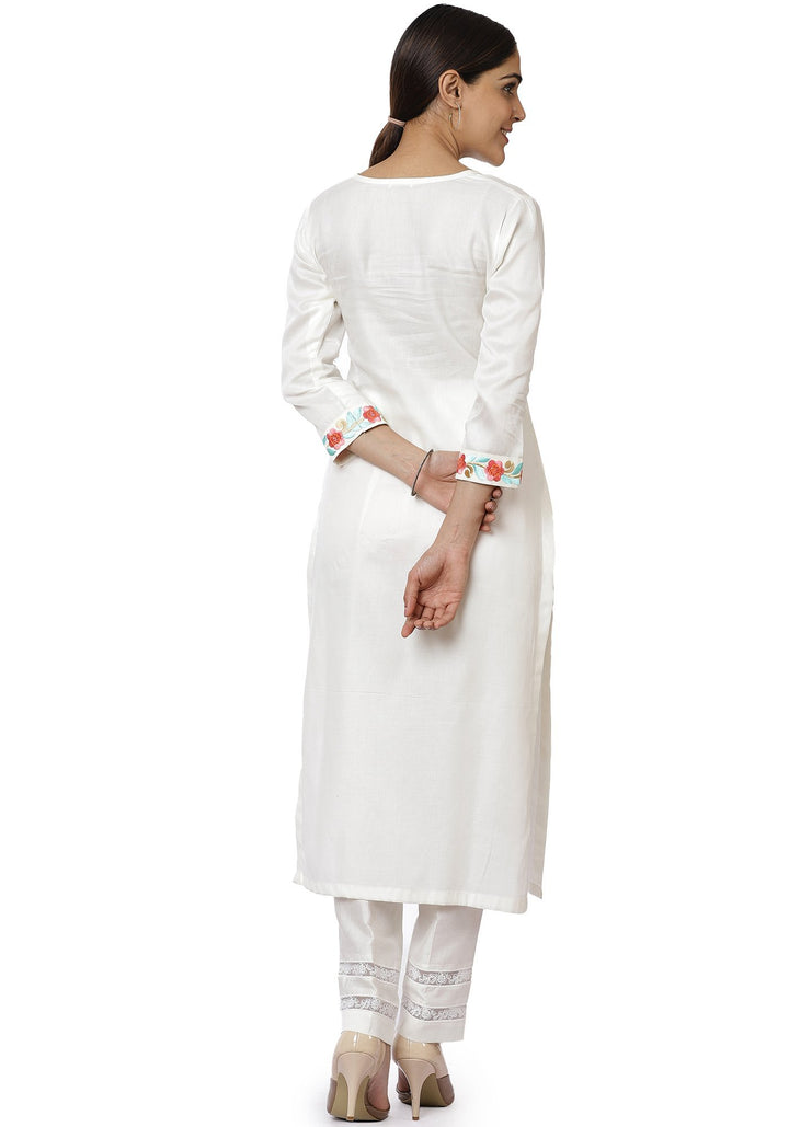 anokherang Combos Off-White Blue Parsi Embroidered Kurti with Crochet Pants and Blue White Striped Dupatta