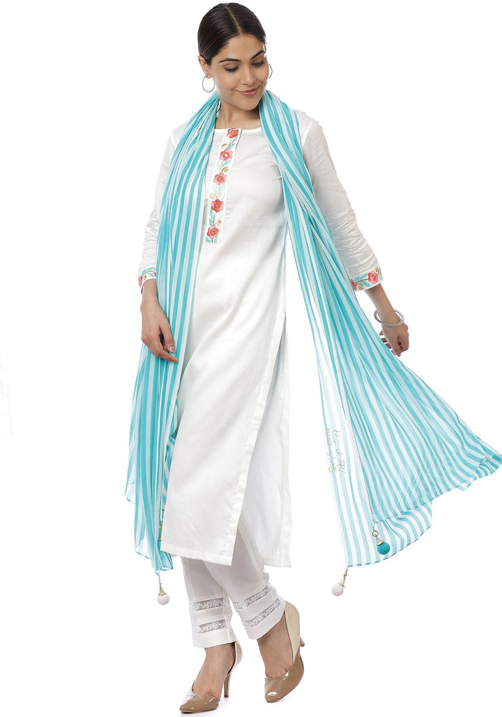 anokherang Combos Off-White Blue Parsi Embroidered Kurti with Crochet Pants and Blue White Striped Dupatta