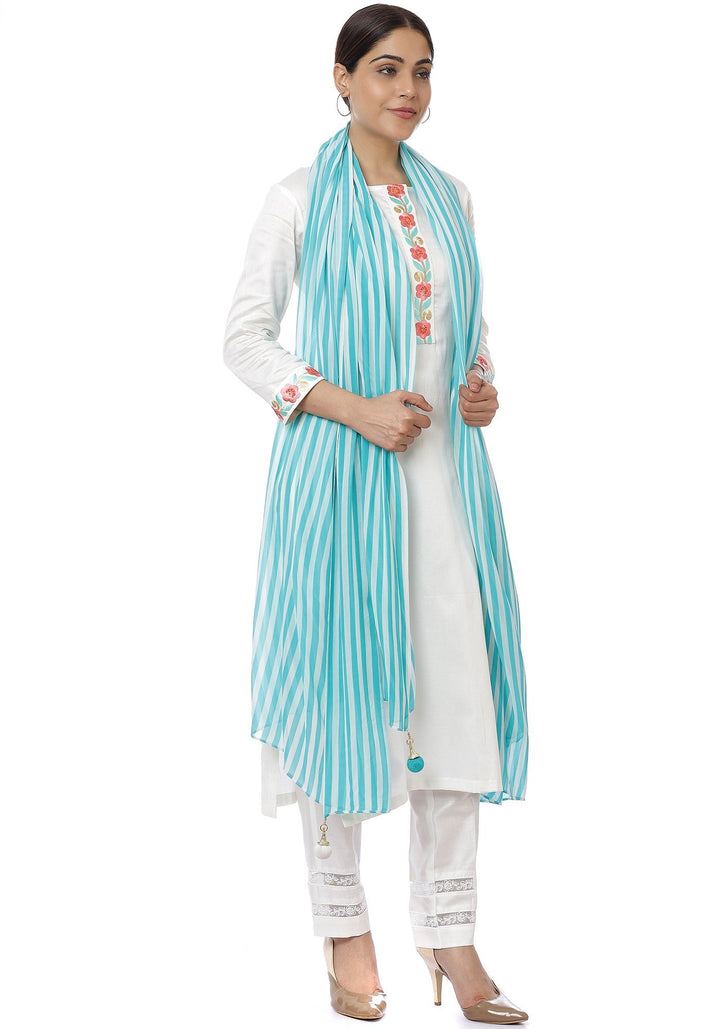 anokherang Combos Off-White Blue Parsi Embroidered Kurti with Crochet Pants and Blue White Striped Dupatta