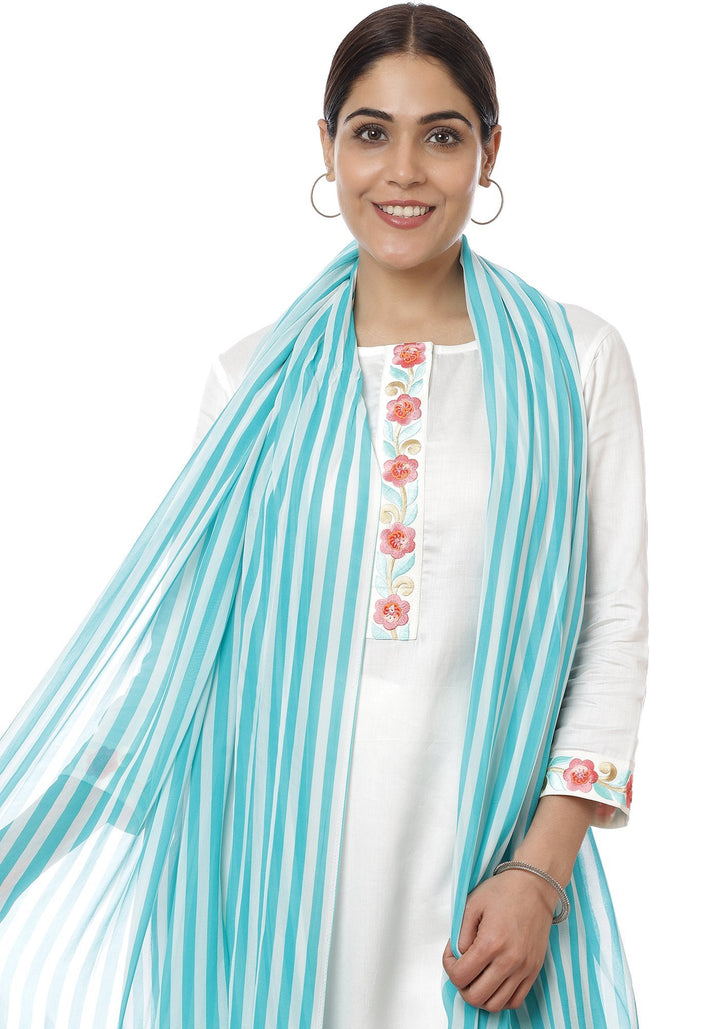 anokherang Combos Off-White Blue Parsi Embroidered Kurti with Crochet Pants and Blue White Striped Dupatta