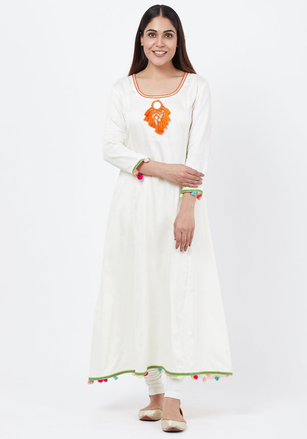 anokherang Combos Off-White Freedom Anarkali with Pom Pom with Leggings