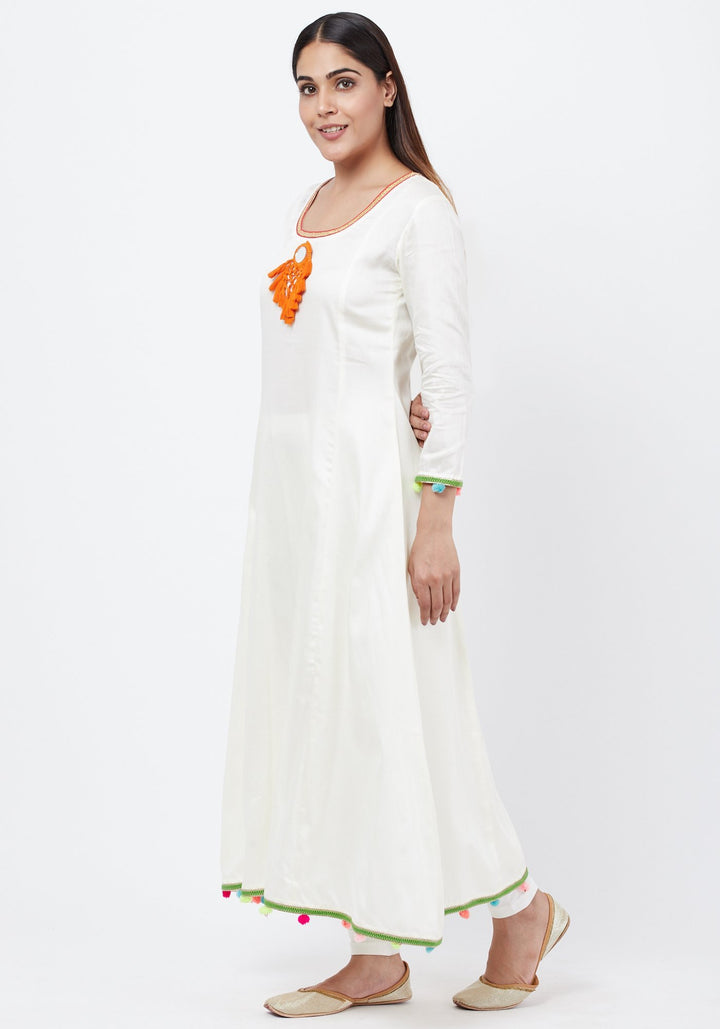 anokherang Combos Off-White Freedom Anarkali with Pom Pom with Leggings