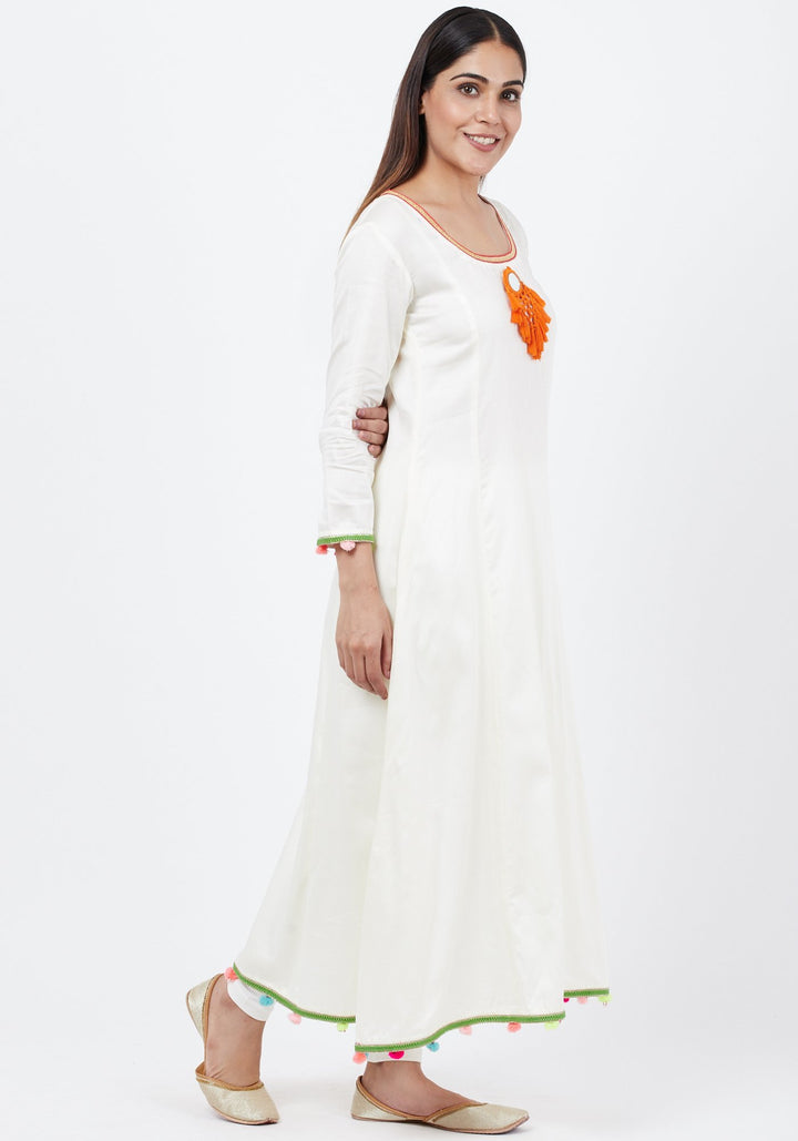 anokherang Combos Off-White Freedom Anarkali with Pom Pom with Leggings