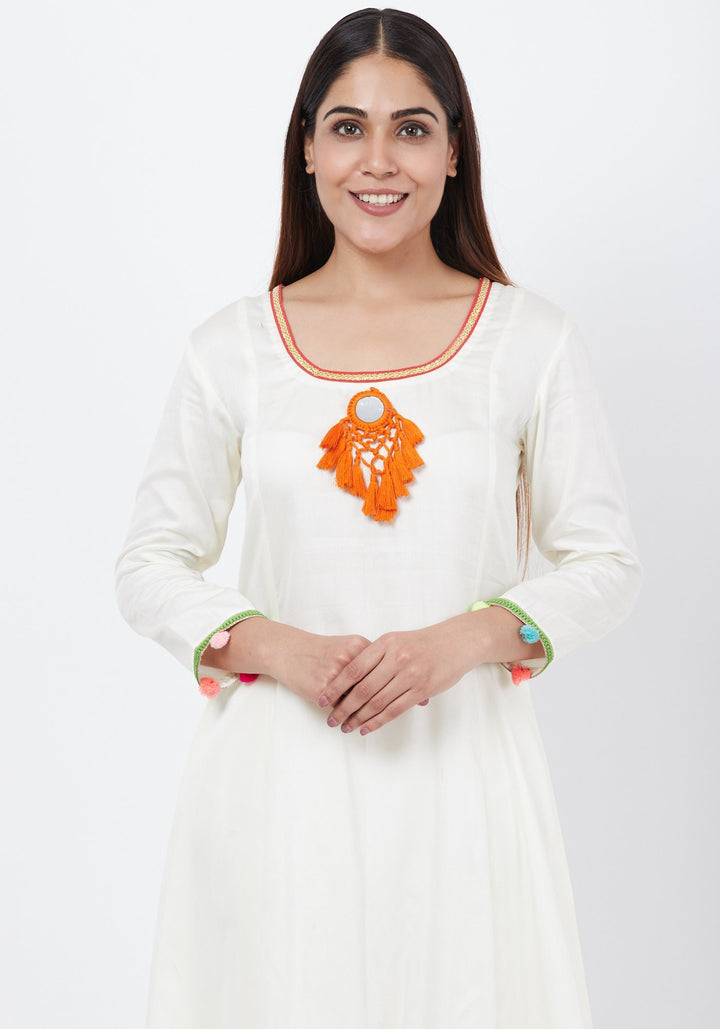anokherang Combos Off-White Freedom Anarkali with Pom Pom with Leggings