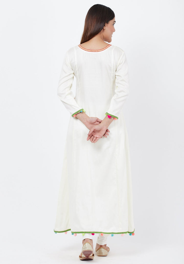 anokherang Combos Off-White Freedom Anarkali with Pom Pom with Leggings  and Freedon Chanderi Dupatta