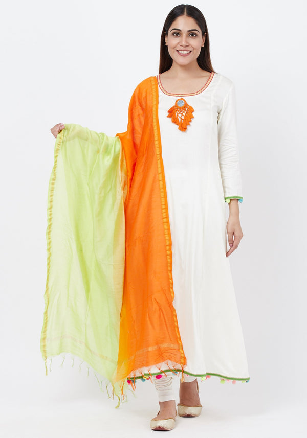 anokherang Combos Off-White Freedom Anarkali with Pom Pom with Leggings  and Freedon Chanderi Dupatta