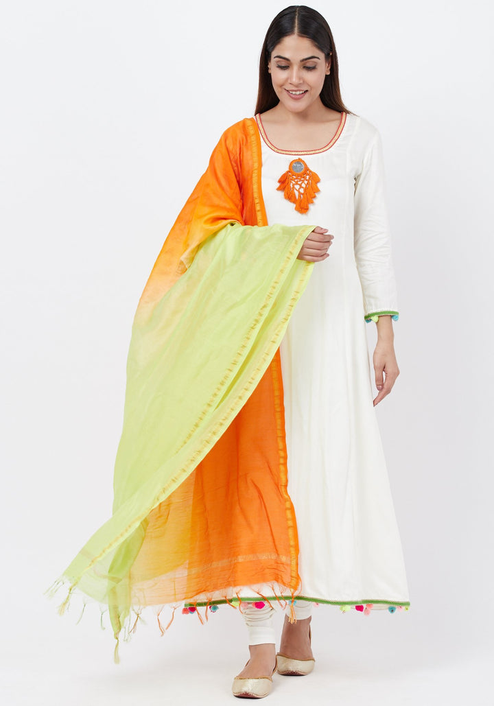 anokherang Combos Off-White Freedom Anarkali with Pom Pom with Leggings  and Freedon Chanderi Dupatta