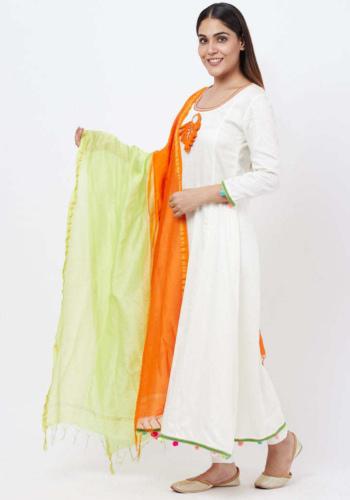 anokherang Combos Off-White Freedom Anarkali with Pom Pom with Leggings  and Freedon Chanderi Dupatta