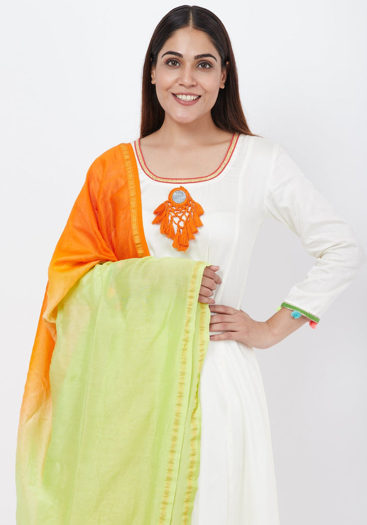 anokherang Combos Off-White Freedom Anarkali with Pom Pom with Leggings  and Freedon Chanderi Dupatta