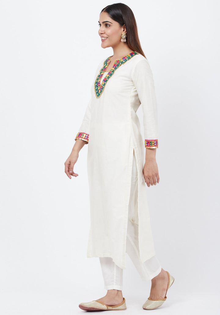 anokherang Combos Off-White Freedom Multi Color Mirror Kurti with Straight Pants