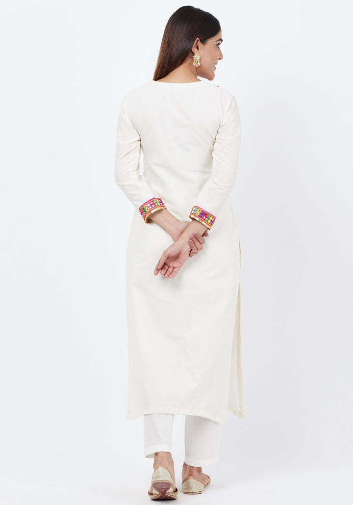 anokherang Combos Off-White Freedom Multi Color Mirror Kurti with Straight Pants