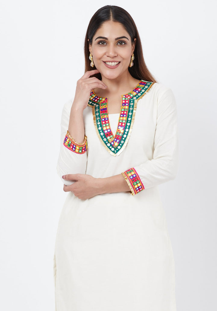 anokherang Combos Off-White Freedom Multi Color Mirror Kurti with Straight Pants