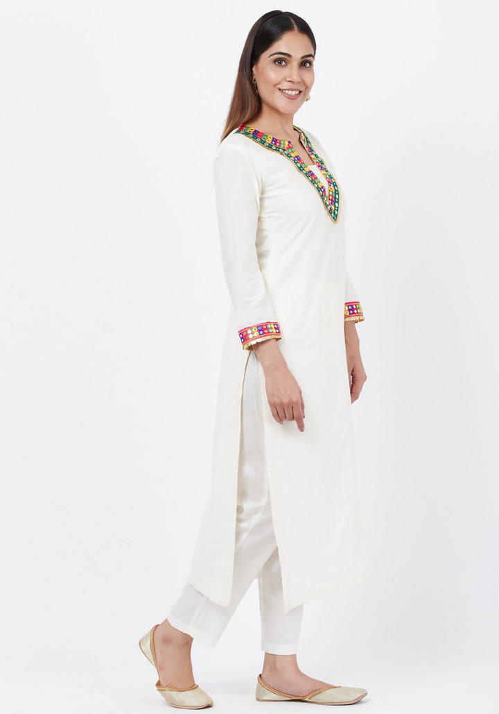 anokherang Combos Off-White Freedom Multi Color Mirror Kurti with Straight Pants