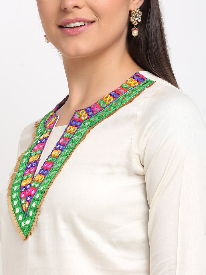 anokherang Combos Off-White Freedom Multi Color Mirror Kurti with Straight Pants and Bandhej Dupatta