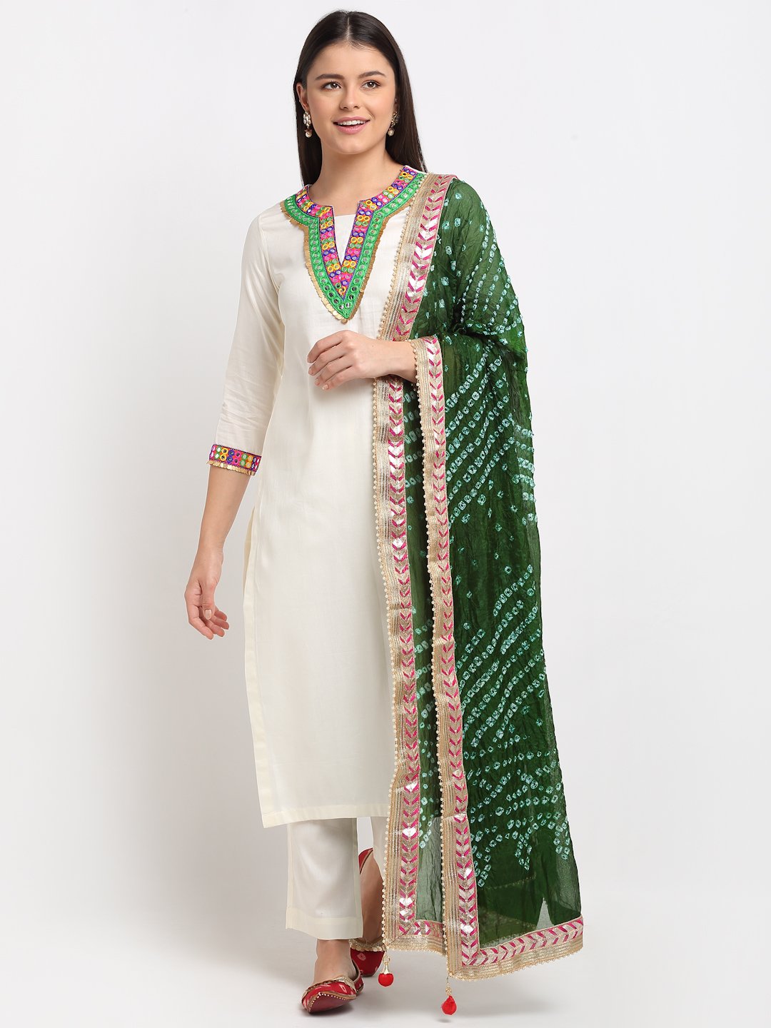 Off White Freedom Multi Color Mirror Kurti with Straight Pants and