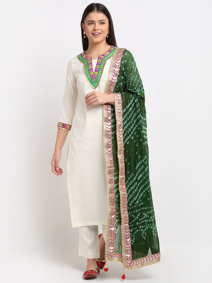 anokherang Combos Off-White Freedom Multi Color Mirror Kurti with Straight Pants and Bandhej Dupatta