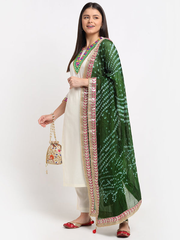 anokherang Combos Off-White Freedom Multi Color Mirror Kurti with Straight Pants and Bandhej Dupatta
