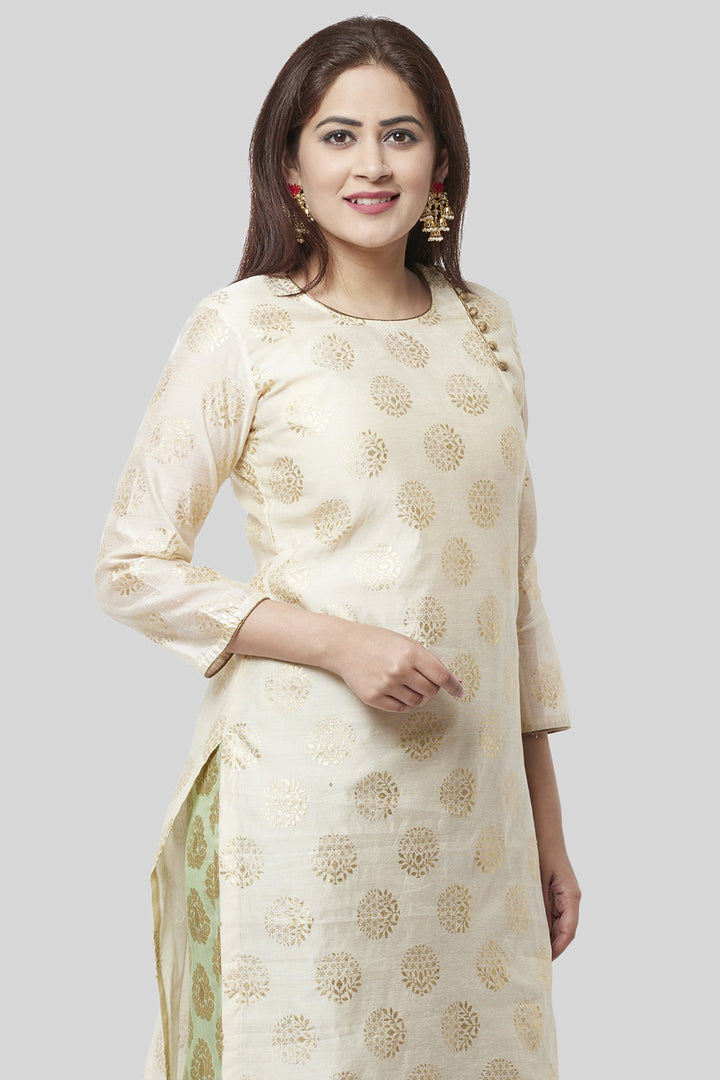 anokherang Combos Off-White Gold Foil Printed Kurti with Pistachio Kalidaar Palazzo