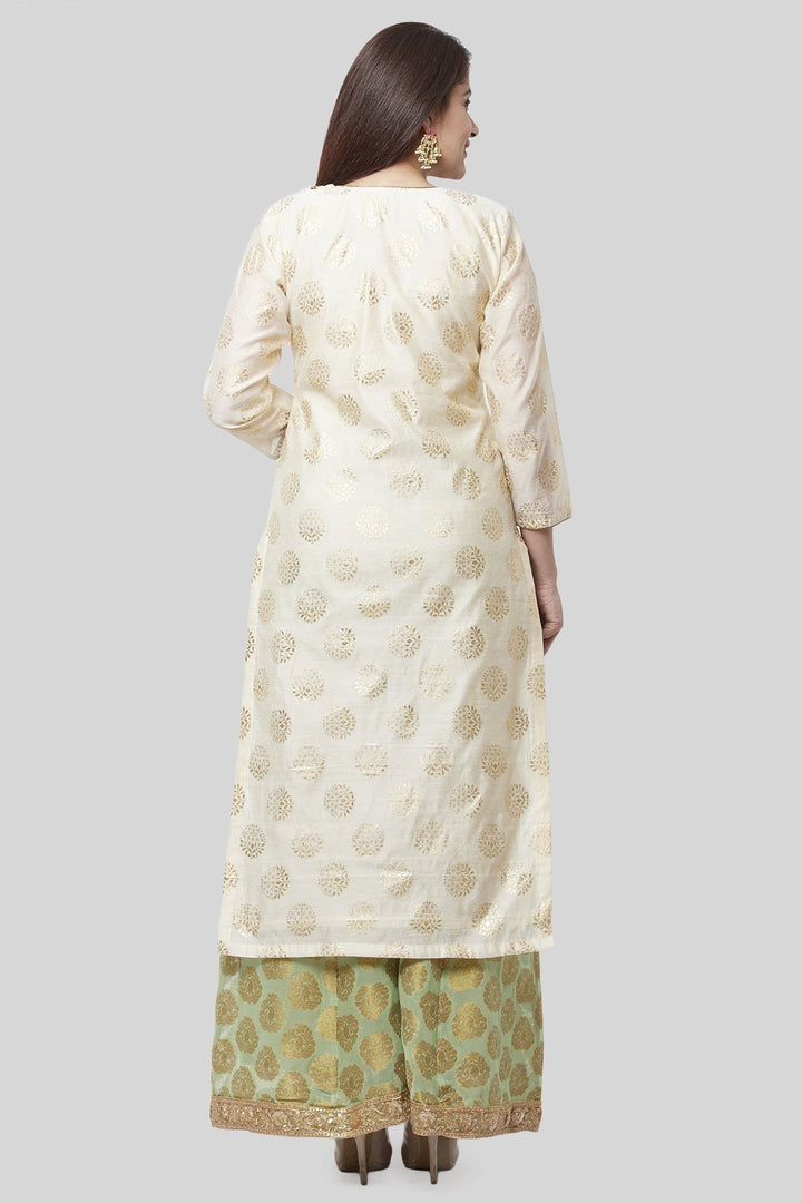 anokherang Combos Off-White Gold Foil Printed Kurti with Pistachio Kalidaar Palazzo