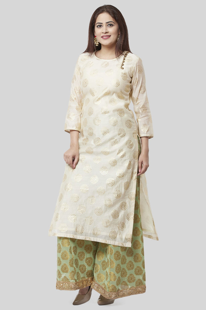 anokherang Combos Off-White Gold Foil Printed Kurti with Pistachio Kalidaar Palazzo