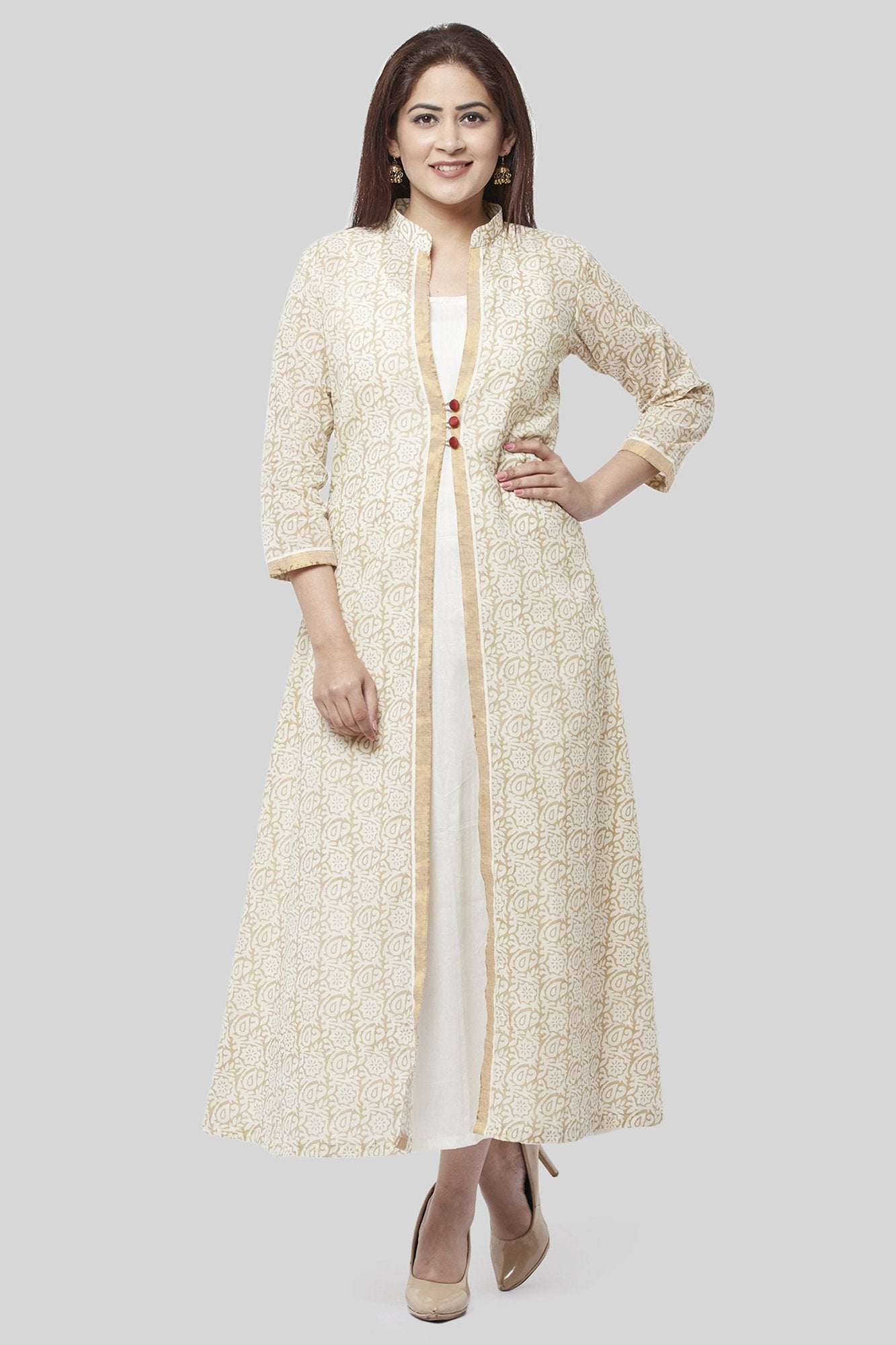 anokherang combos off white gold printed long jacket kurti dress 30156525043871