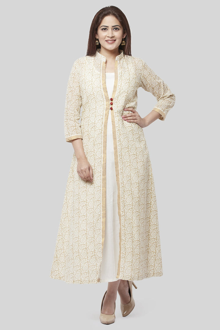 anokherang Combos Off-White Gold Printed Long Jacket Kurti Dress
