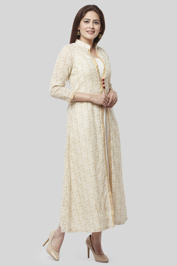 anokherang Combos Off-White Gold Printed Long Jacket Kurti Dress