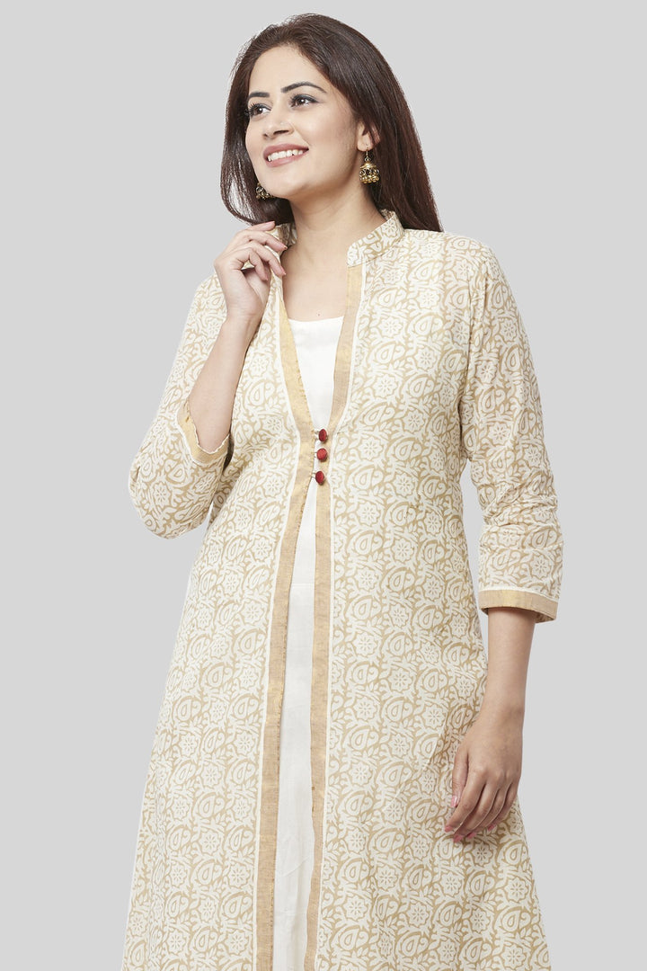 anokherang Combos Off-White Gold Printed Long Jacket Kurti Dress