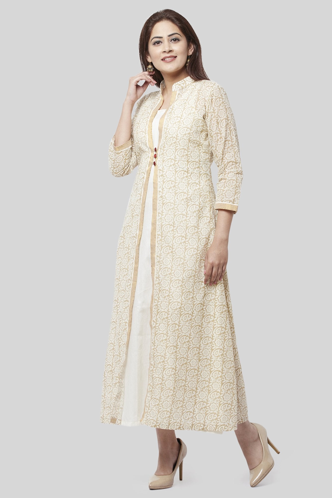 anokherang combos off white gold printed long jacket kurti dress 30179541614751