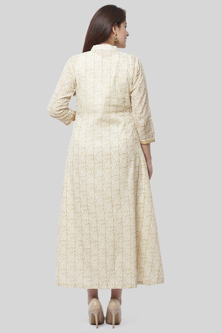 anokherang Combos Off-White Gold Printed Long Jacket Kurti Dress